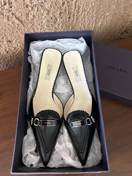 Prada Shoes - Prada Black Leather Pointed Toe Mules Heels 36.5 / US 6.5